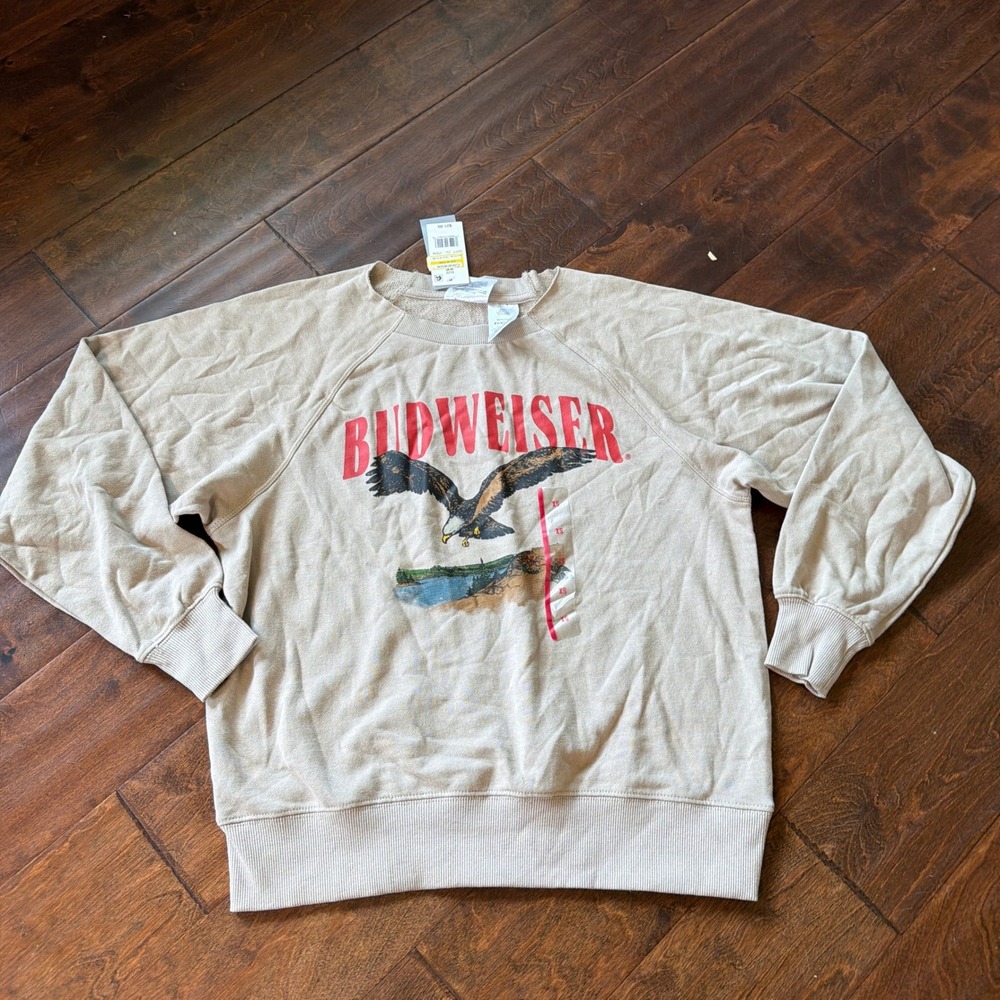 Budweiser Eagle Graphic Sweatshirt French Terry Tan Raglan Pullover XS NWT